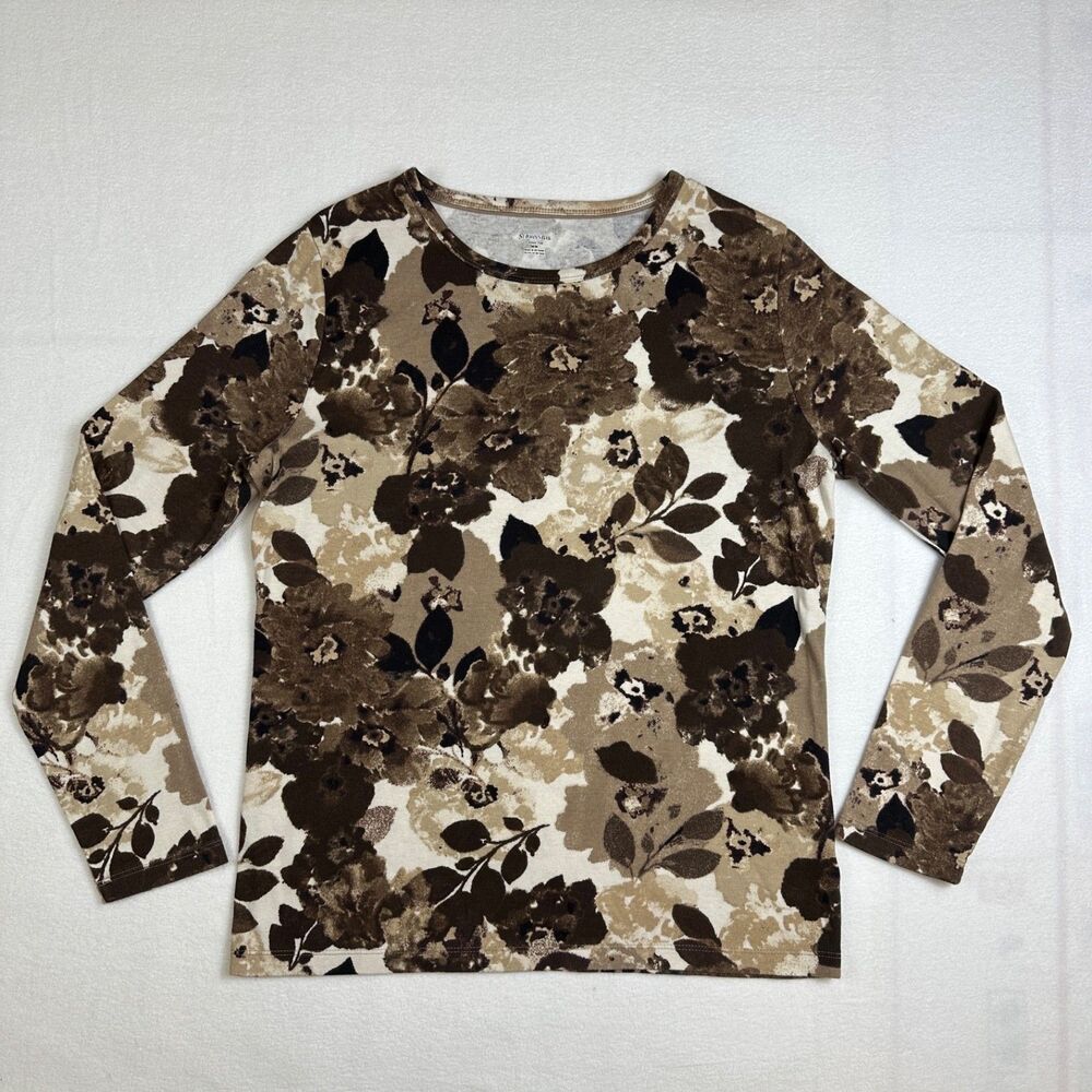 St. John's Bay Women's Brown Floral Long Sleeve Classic Tee Top Size M